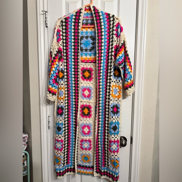 ❤️NWOT❤️ POL Long Crochet Granny Square Duster Cardigan Boho Multicolor One Size - Picture 2 of 7